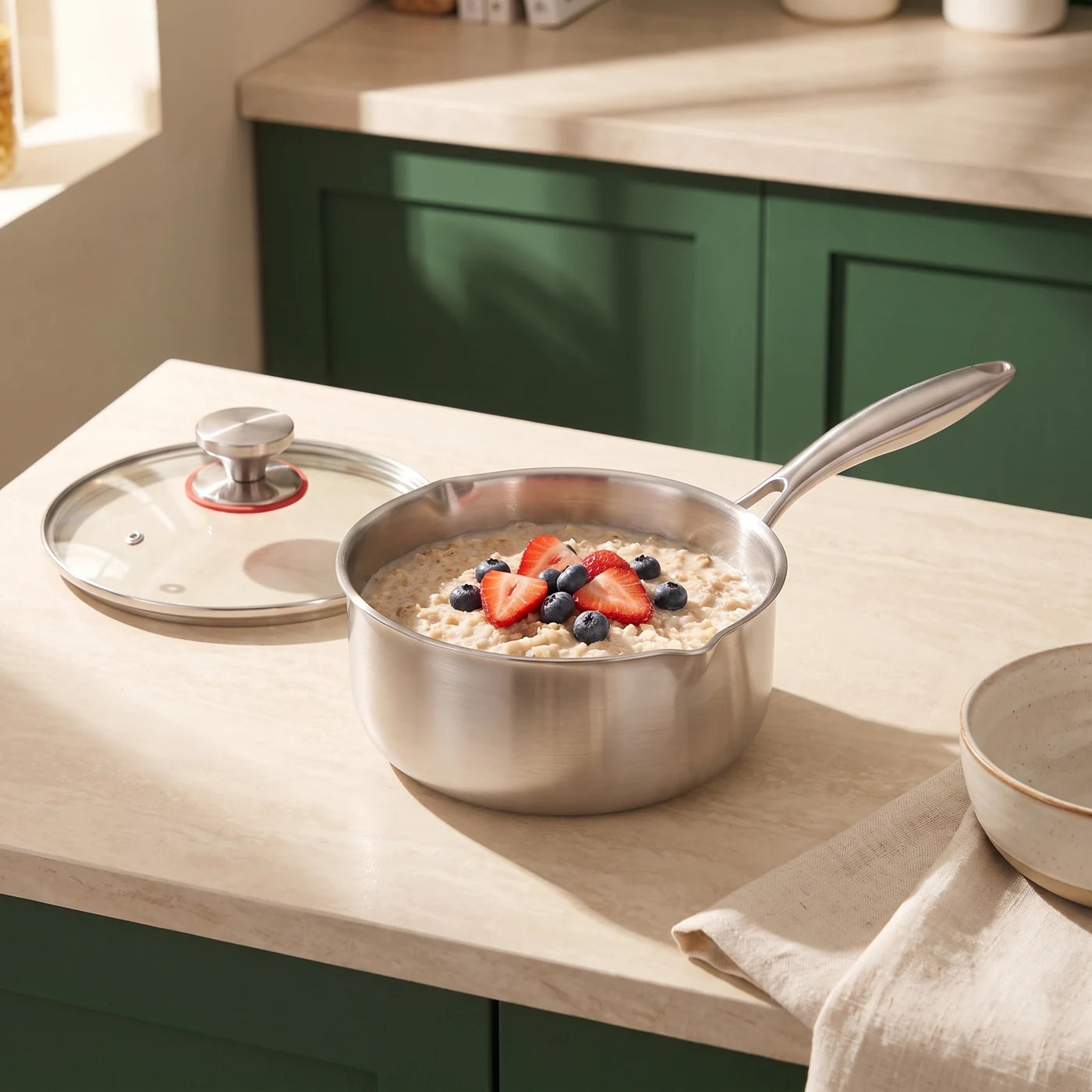 The included Titan saucepan with oatmeal and its matching glass lid