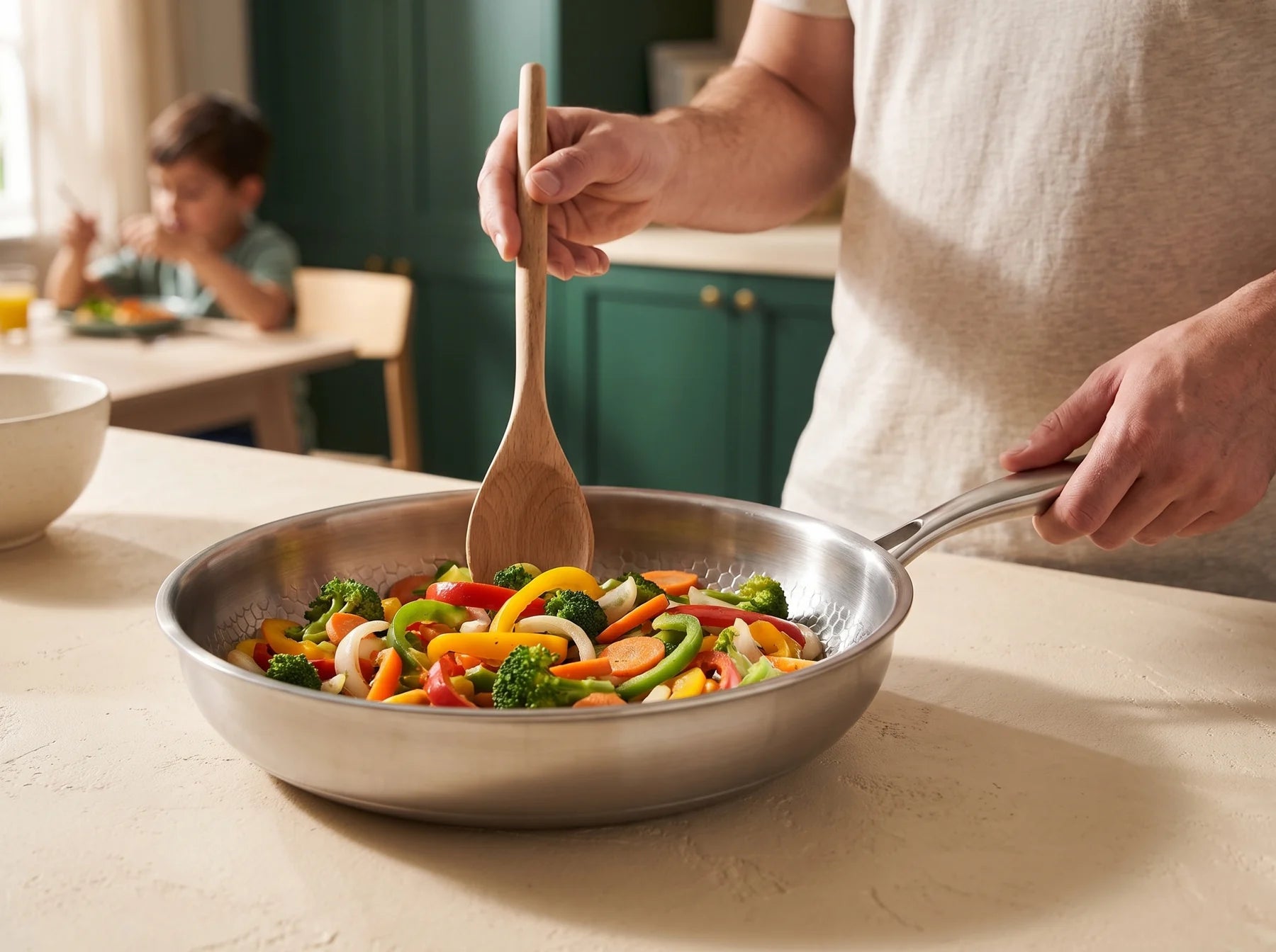 A parent cooking vegetables in a Titan pan for a family meal