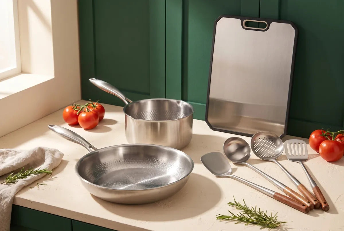 Titan pan, saucepan, cutting board and steel utensils in a warm green kitchen