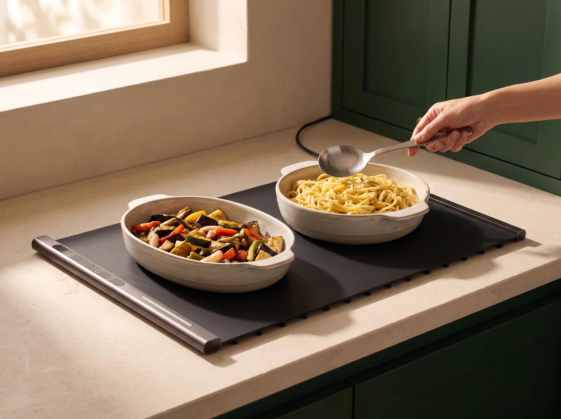Cooked dishes on a black warming mat ready to serve