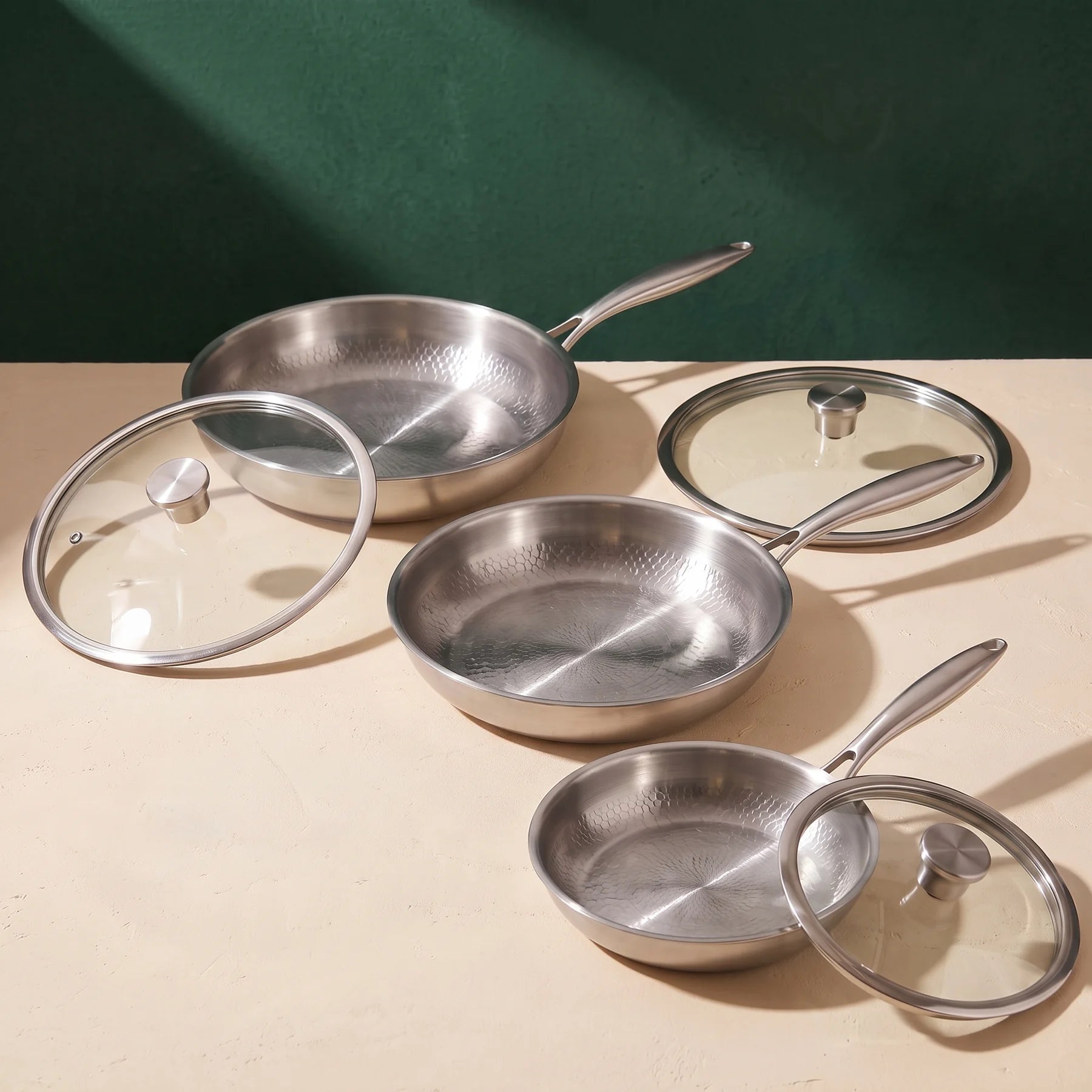 Three Titan Titanium Pans with three matching glass lids